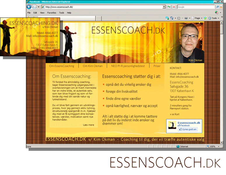 WWW:ESSENSCOACH:DK - Webdesign, visitkort og logo for coach Kim Okman.